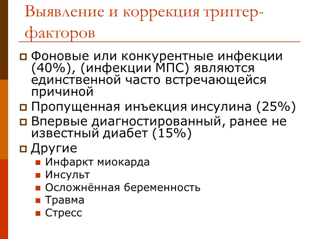 Выявление и коррекция триггер-факторов Фоновые или конкурентные инфекции (40%), (инфекции МПС) являются единственной часто